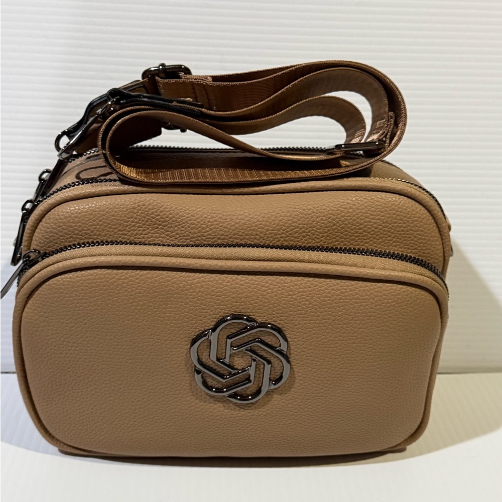 NEW Spacious 100% Vegan Leather Taupe Crossbody Bag with Gun Metal Logo Design